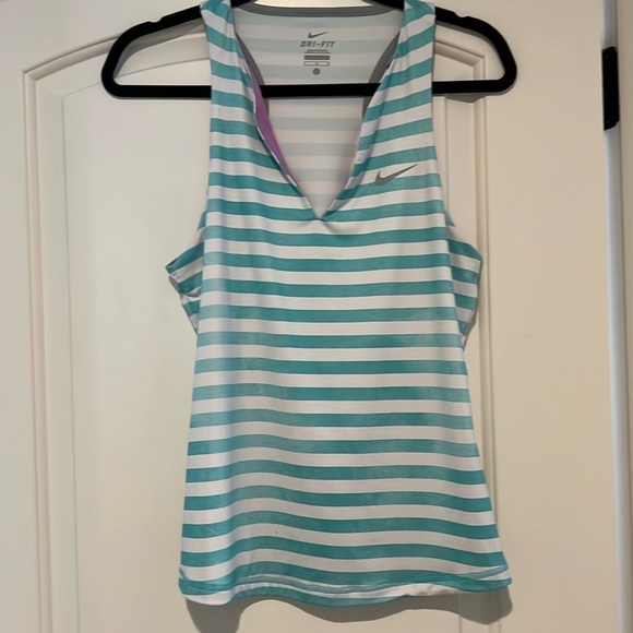 Nike Womens M Black White Striped Tank Top Dri-Fit Racerback V-Neck Lined Front - Picture 1 of 9